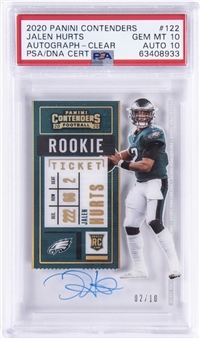 2020 Panini Contenders Clear Acetate #122 Jalen Hurts Signed Rookie Card (#2/10) Jersey Number! - PSA GEM MT 10/DNA 10 - POP 1!